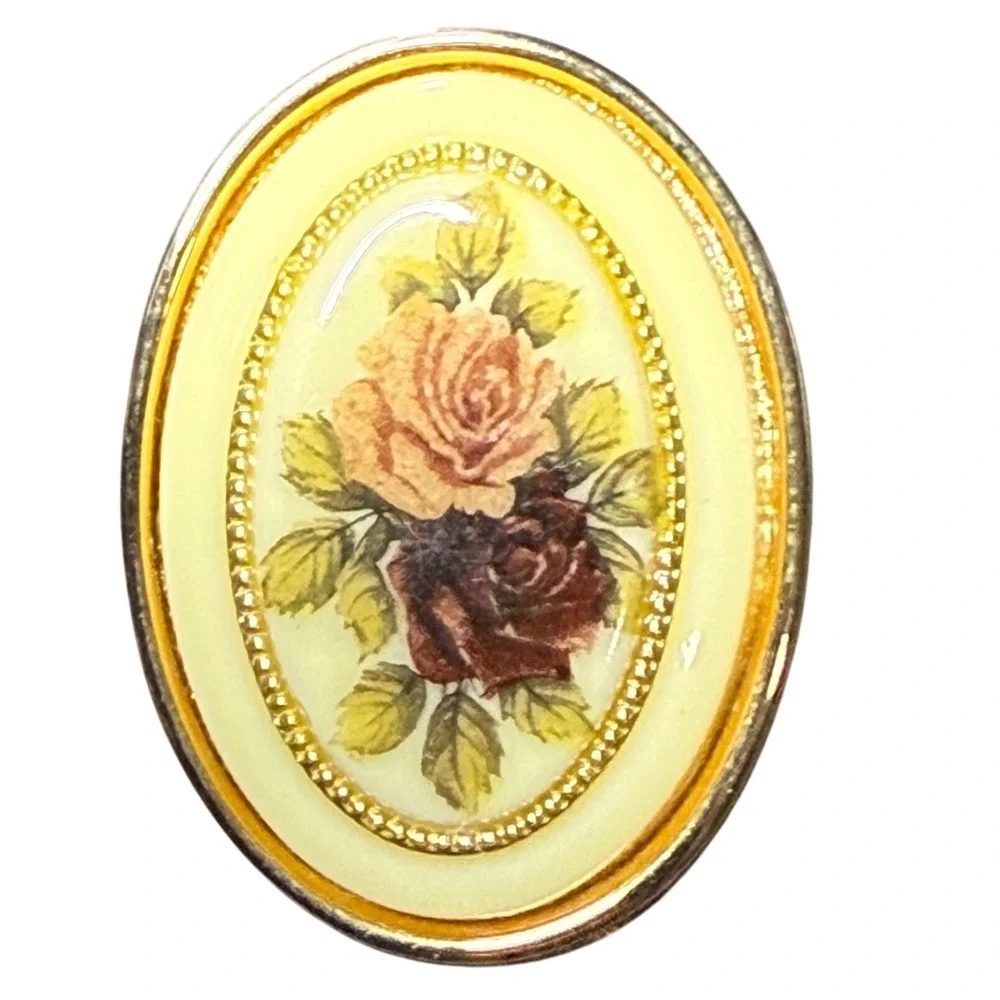 Vintage Floral Brooch Pin Oval Gold Tone Roses Flower‎ Cottagecore Jewelry